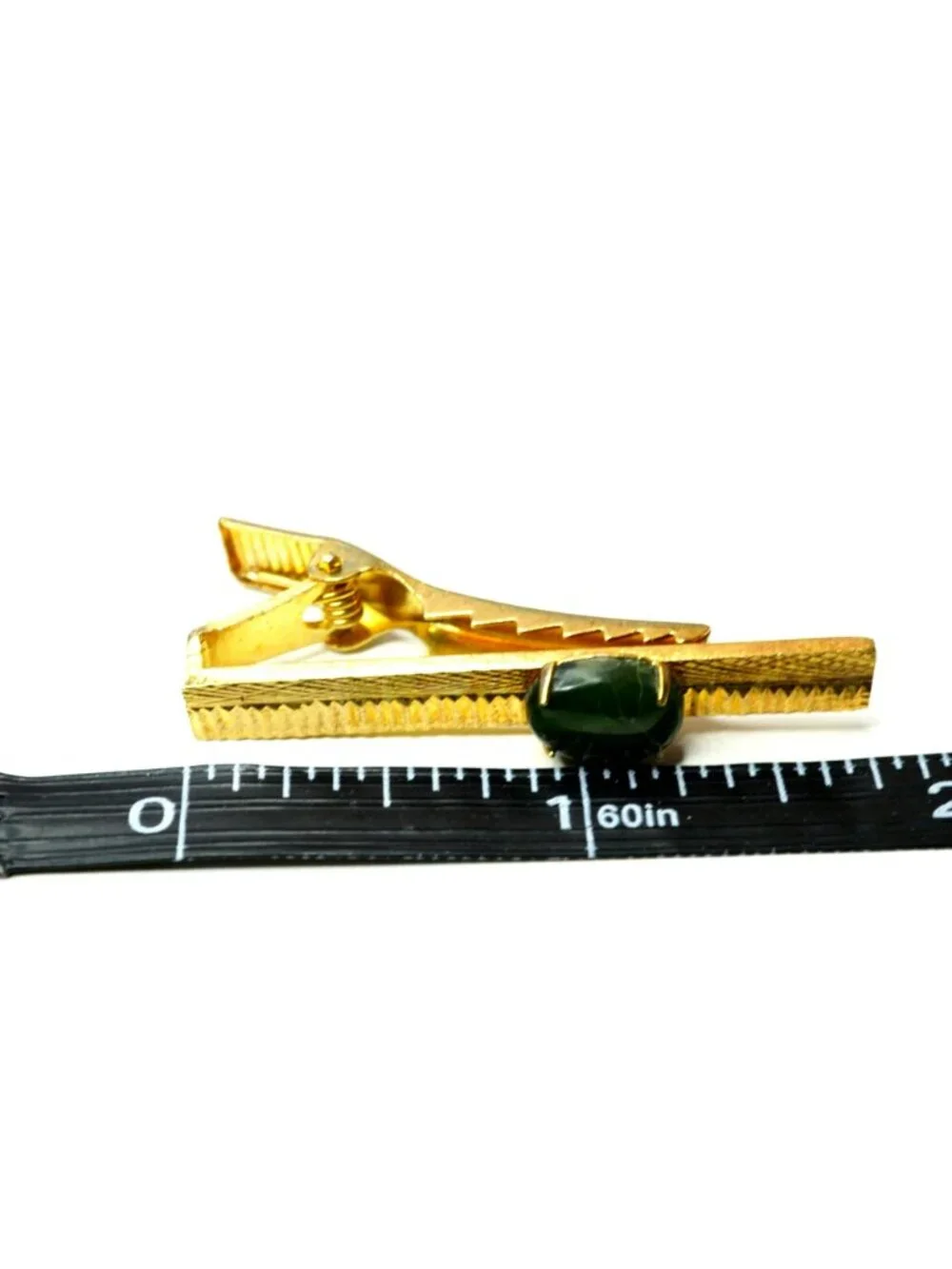 Vintage Mid Century Gold Tone Green Cabochon Cufflinks Tie Bar Set